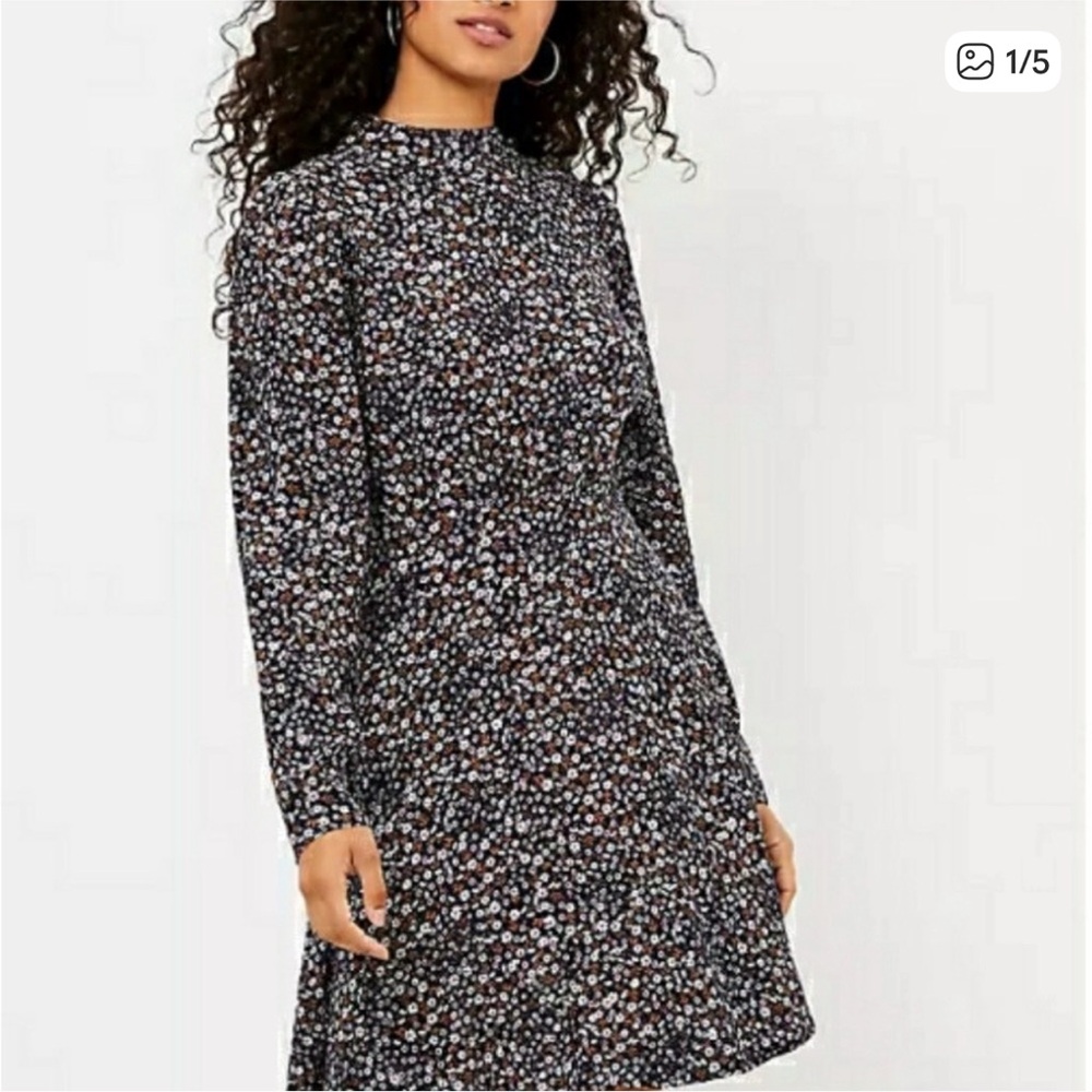 LOFT Black Floral Long Sleeve Dress